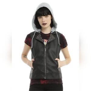 Black Faux Leather Removable Hood Studded Vest - Hot Topic